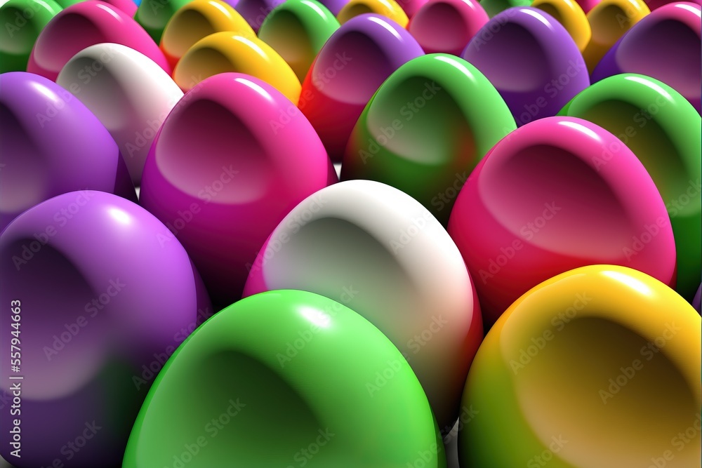 Poster a large group of colorful eggs sitting next to each other on a white surface with a black border aro