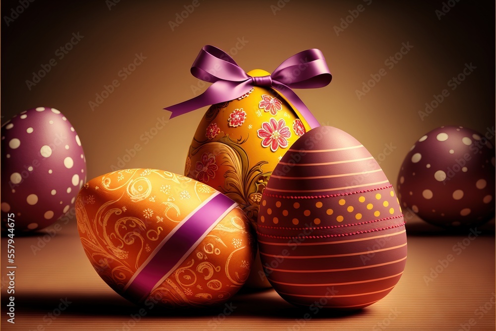 Poster a group of colorful eggs with a bow on top of them. generative ai