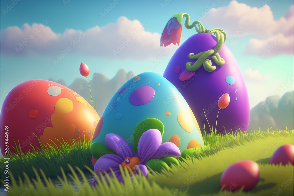 Poster a painting of some colorful eggs in a field of grass with flowers on the ground and clouds in the sk