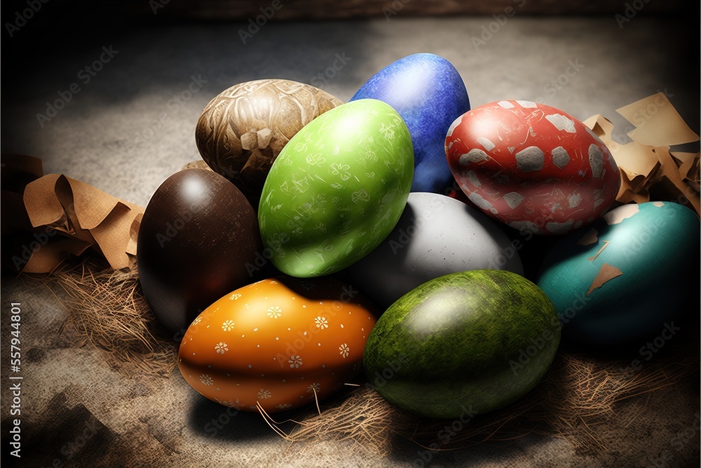 Poster a pile of different colored eggs sitting on top of a pile of hay next to a pile of brown paper and a