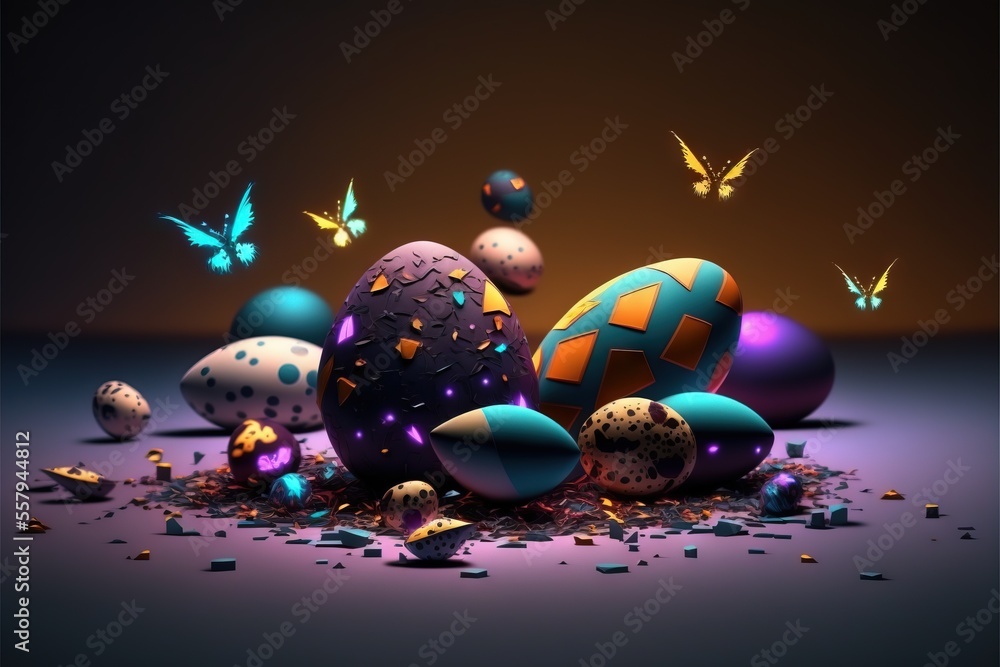 Poster a group of colorful eggs with butterflies flying around them on a dark background with confetti scat