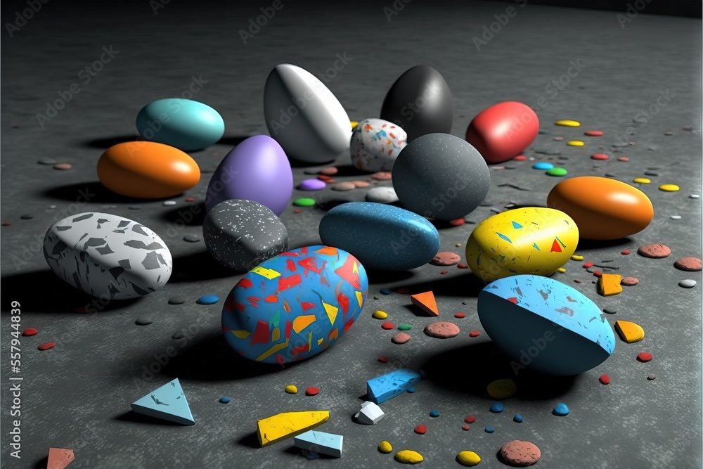 Poster a bunch of different colored rocks and confetti on a floor with a black background and a black backg
