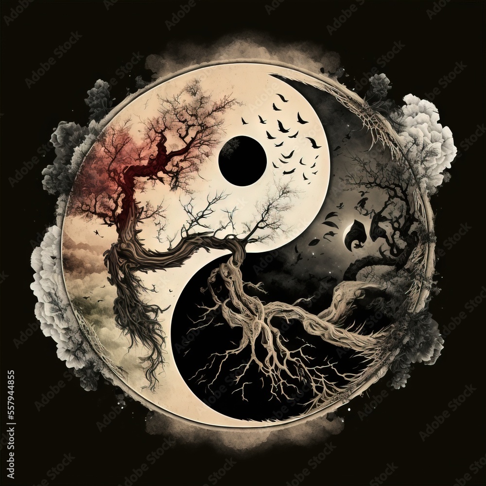 Poster  a painting of a tree and a yin - yang symbol with a full moon in the background and a bird flying in the sky above the tree and a full moon in the middle of the sky. Generative AI