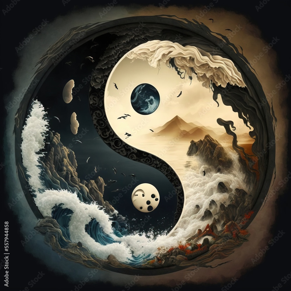 Poster a painting of a yin - yang symbol with a mountain in the background and waves in the foreground. gen