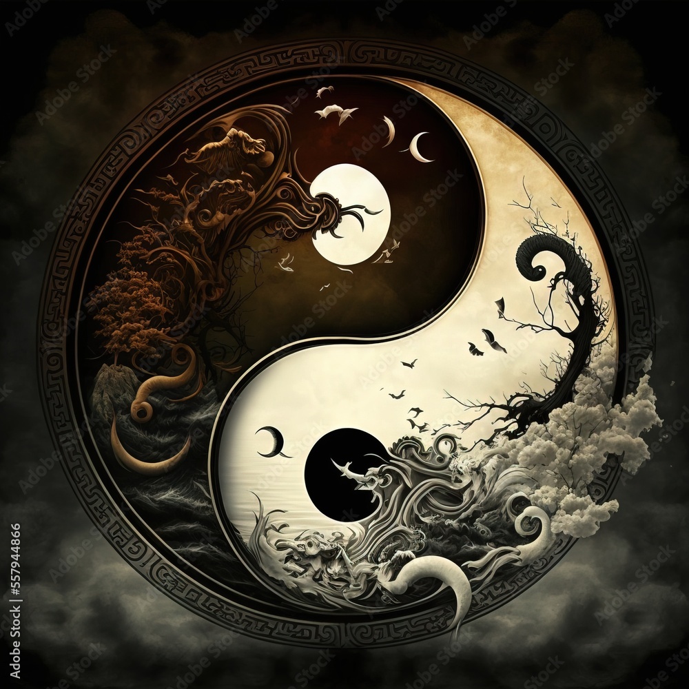 Poster a painting of a yin - yang with a tree and moon in the sky and clouds in the background. generative 