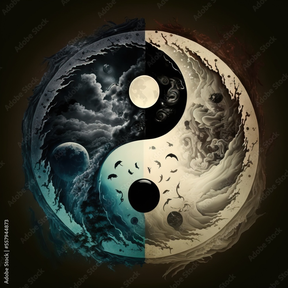 Poster a yin - yang painting with a dark background and a white and black yin - yang in the middle of the i