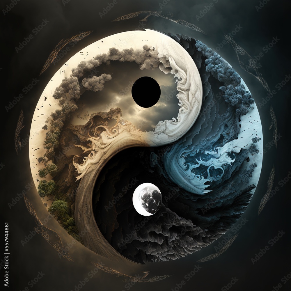 Poster a painting of two different types of clouds and a moon in the middle of the picture. generative ai