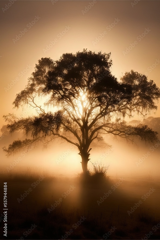 Poster a tree in the middle of a field with the sun shining through the fog in the background and the sun s
