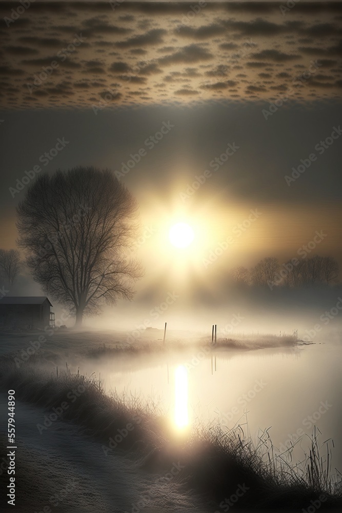 Poster the sun is setting over a foggy lake with a house in the distance and trees in the foreground. gener