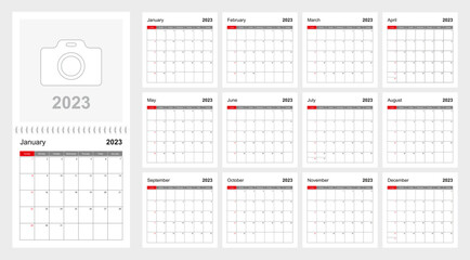 Wall calendar template for 2023 year. Holiday and event planner, week starts on Sunday.