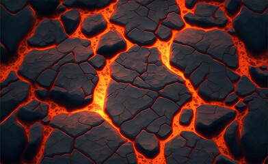 Cracked ground with hot glowing lava veins illustration perfect for video game design. Cracked lava ground texture. Game asset. Generative AI - obrazy, fototapety, plakaty