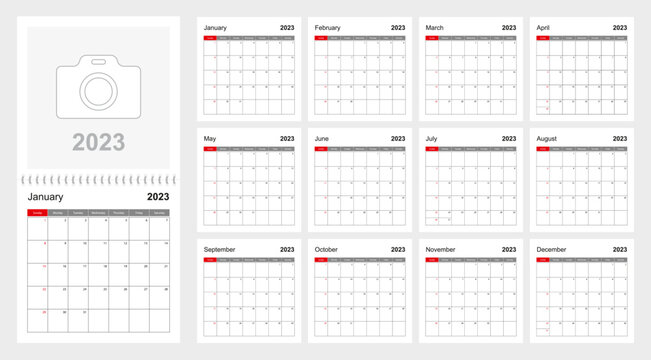 Wall calendar template for 2023 year. Holiday and event planner, week starts on Sunday.
