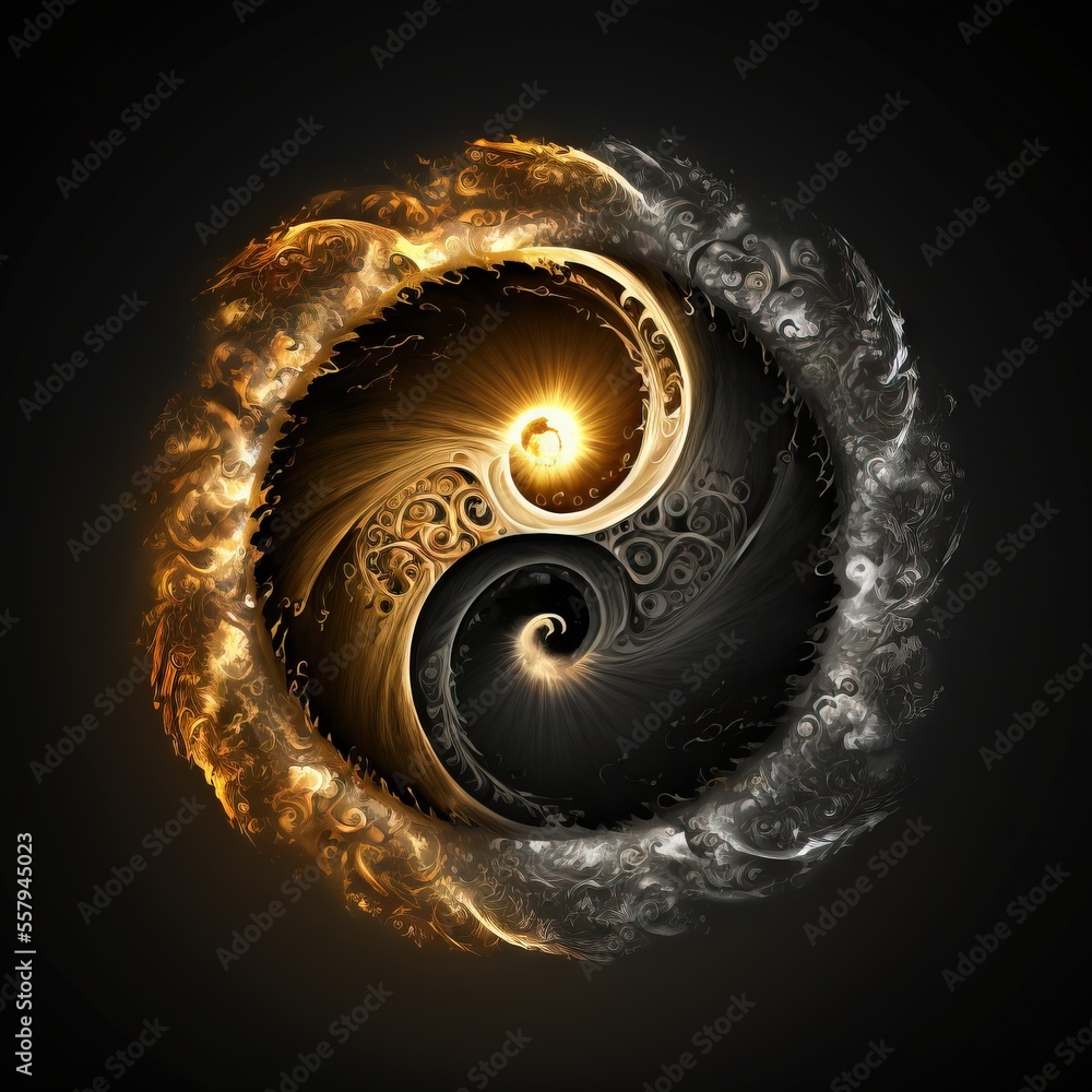 Poster a black background with a yellow and white swirl in the center of it and a black background with a y