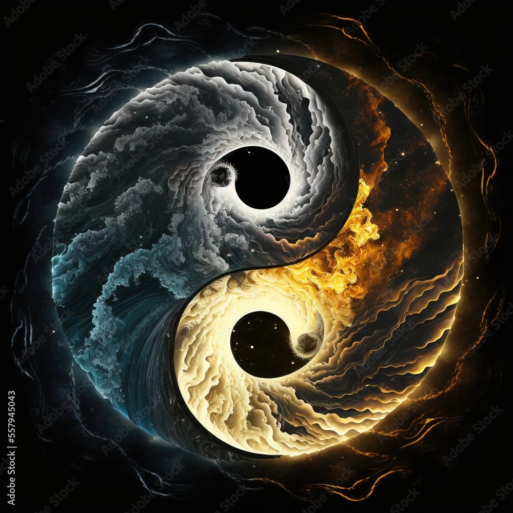Poster a painting of two yin - yangs in the middle of a fire and ice swirls in the center of the image. gen