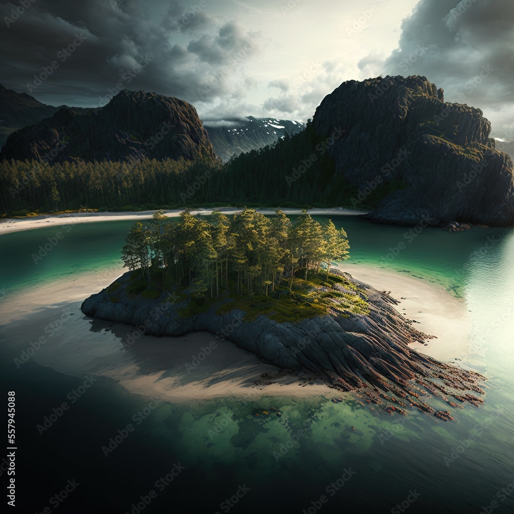Poster  a small island with trees on it in the middle of a lake with mountains in the background and dark clouds in the sky over the top of the water and bottom of the island is a. Generative AI