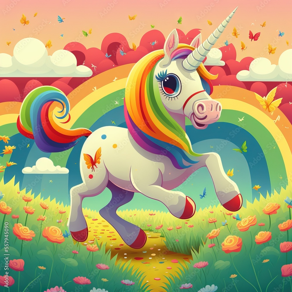Poster a cartoon unicorn running through a field with a rainbow in the background and butterflies in the sk