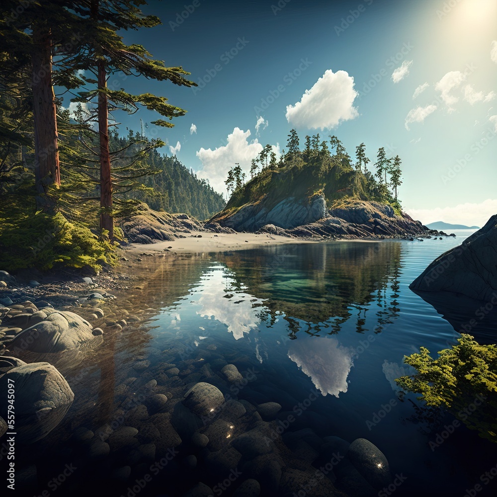 Aufkleber a painting of a lake surrounded by trees and rocks with a sky background and clouds reflected in the