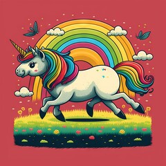  a cartoon unicorn with a rainbow in the background and a bird flying over it's head. Generative AI