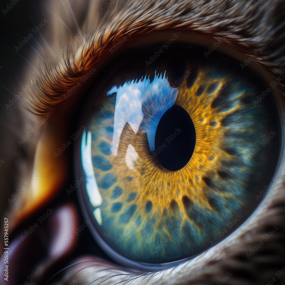 Poster a close up of a cat's eye with a reflection of the sky in it's iris and a cat's eye with a cat's tai