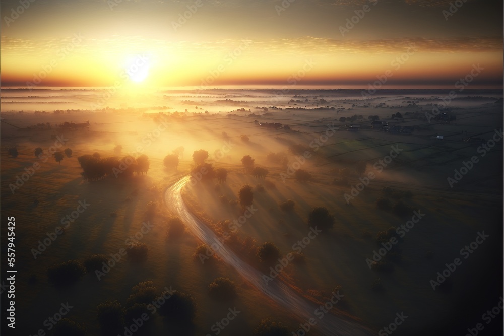 Poster the sun is setting over a foggy field with a road in the foreground and trees on the far side of the