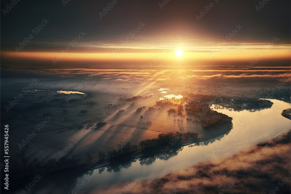 Poster  the sun is setting over a river and a field with trees in the foreground and fog in the air. Generative AI