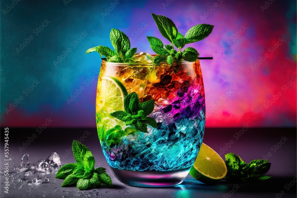 Poster a colorful drink with ice and mint on a dark table with a rainbow background and a lime slice on the