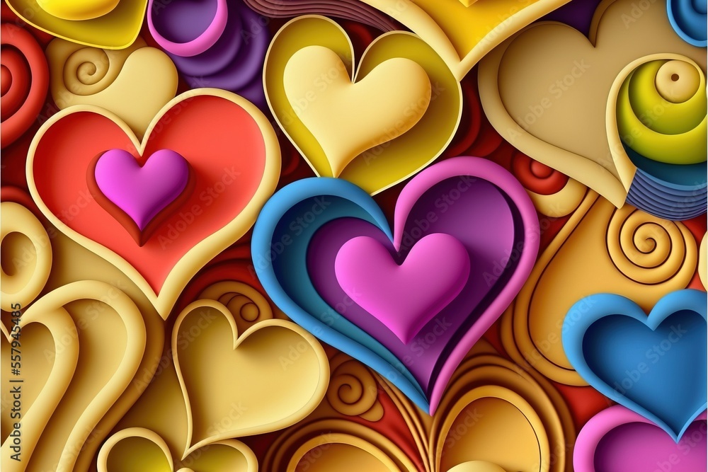 Poster a bunch of hearts that are in the shape of a wallpaper or paper art work with different colors and s