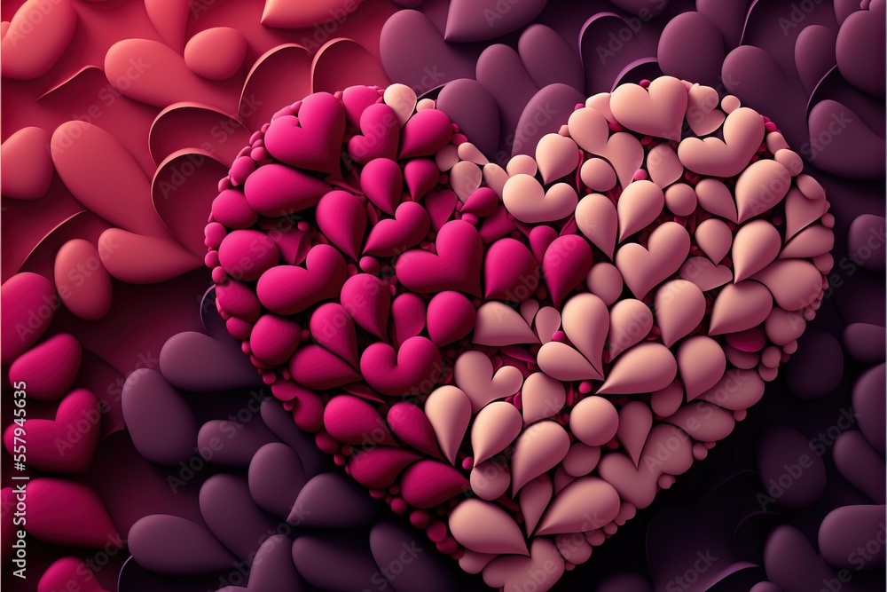 Poster a heart shaped arrangement of hearts on a red and pink background with a black border around it and 