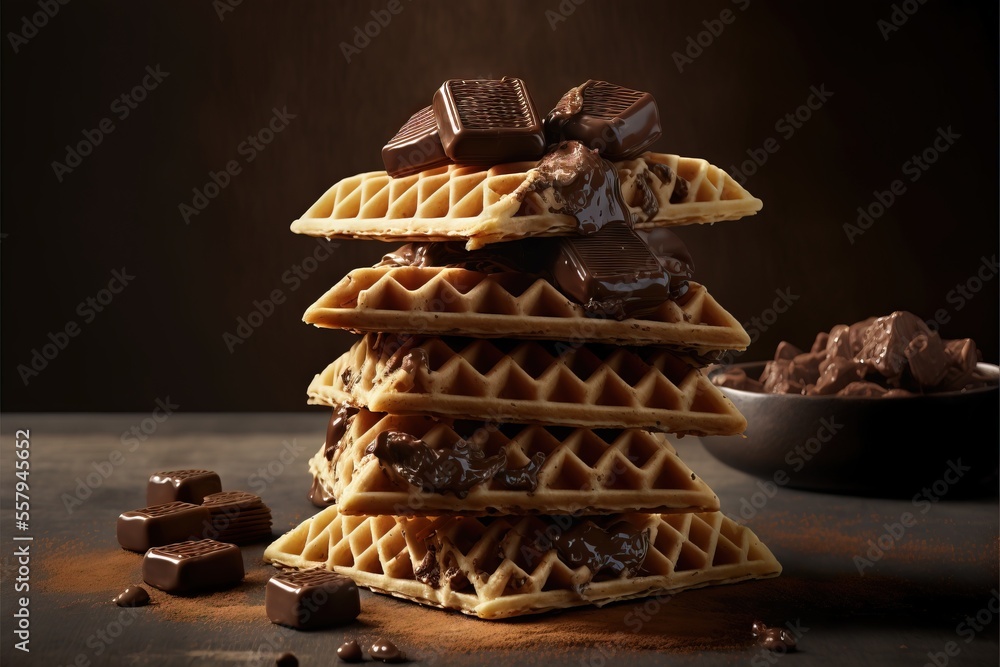 Poster a stack of waffles with chocolate on top of it and a bowl of chocolate on the side of the stack and 