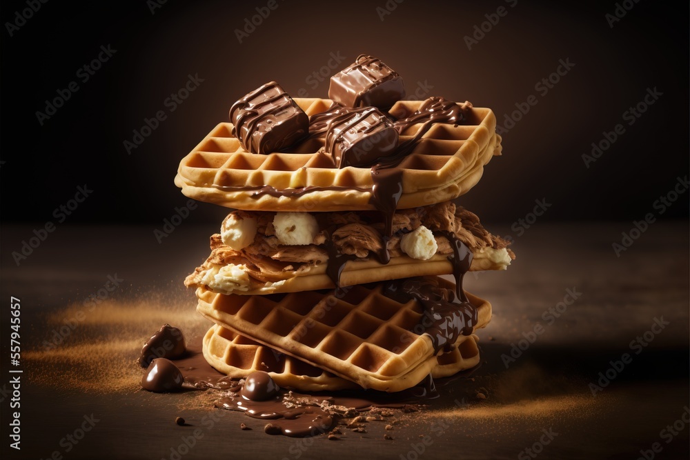 Poster a stack of waffles with chocolate and nuts on top of them on a brown surface with a black background
