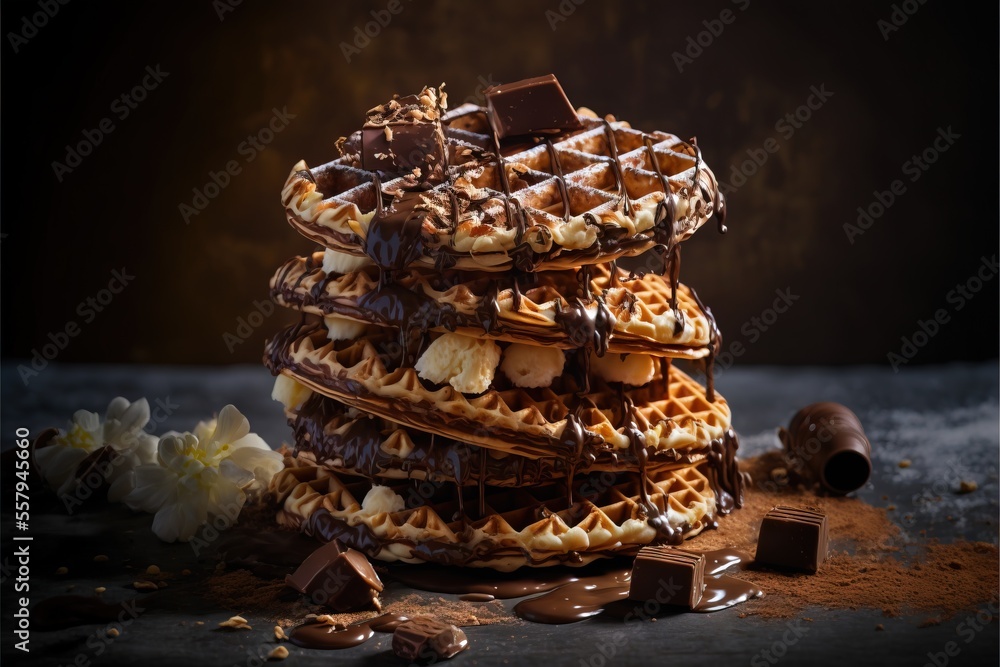 Poster a stack of waffles with chocolate and nuts on top of it and a chocolate bar on the side of the stack