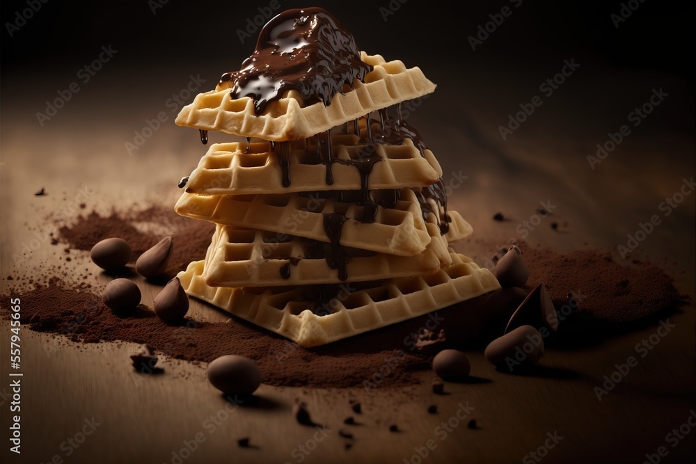 Aufkleber a stack of chocolate covered waffles on top of a wooden table with chocolate chips scattered around 