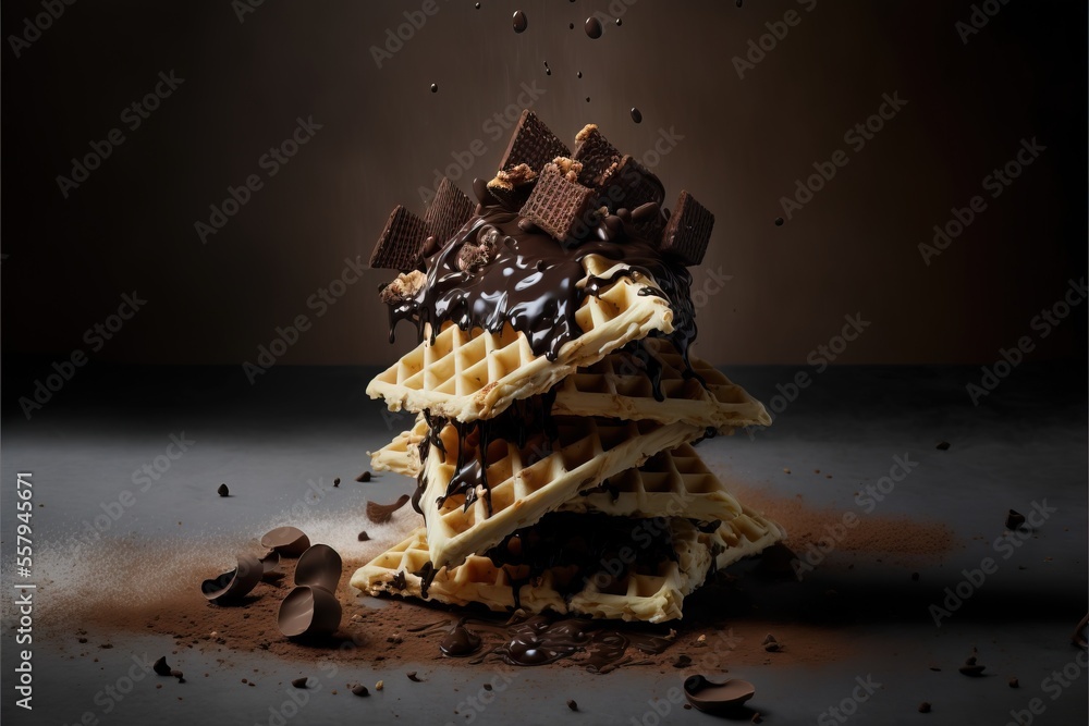 Poster a stack of waffles with chocolate toppings on top of them on a black surface with a few pieces of ch