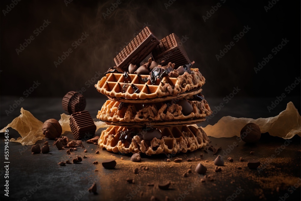 Poster a stack of waffles with chocolate on top of them and a few pieces of chocolate on top of them on a d