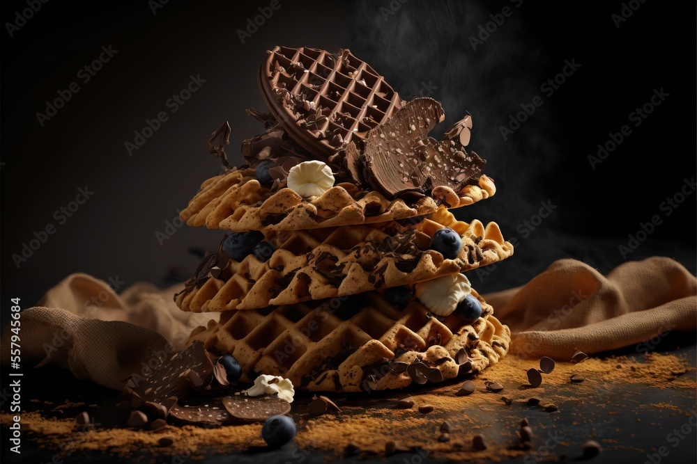 Poster a stack of waffles topped with chocolate chips and marshmallows on top of a table with powdered suga