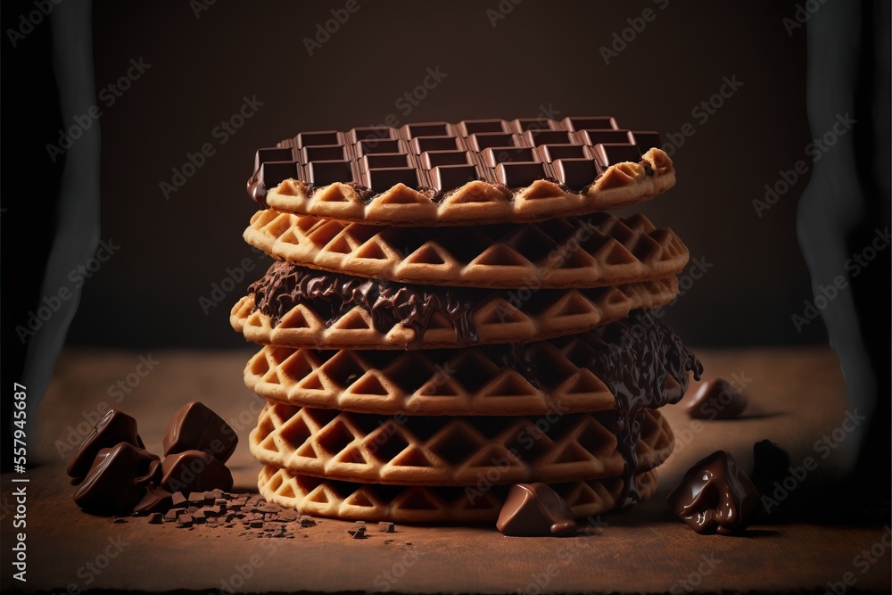 Poster a stack of waffles with chocolate chips on a table next to it and a chocolate chip in the middle of 