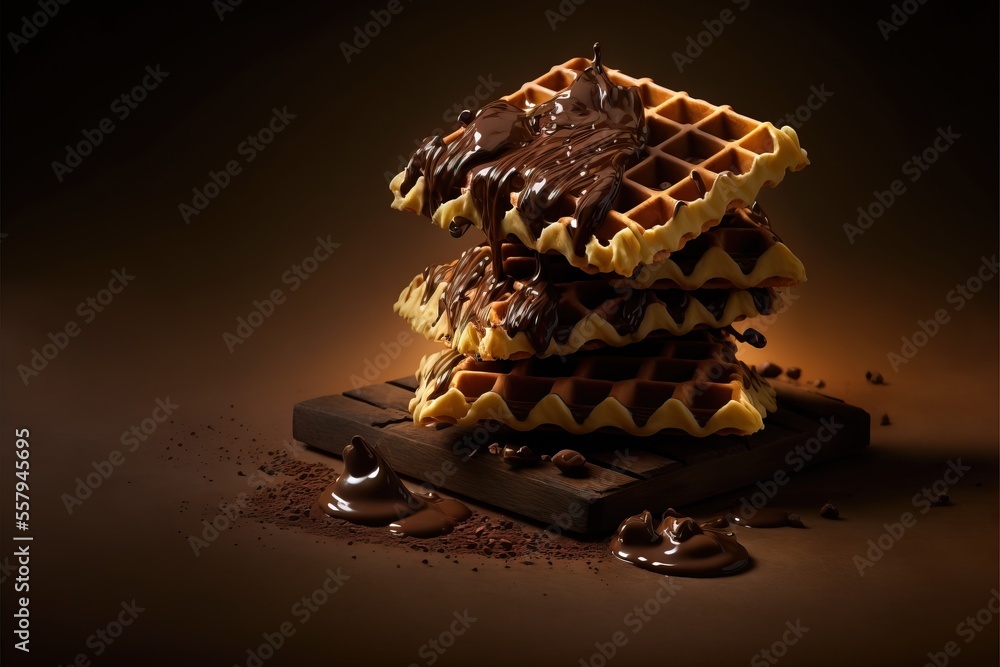 Poster a stack of chocolate waffles with chocolate drizzled on top of them on a wooden board with chocolate