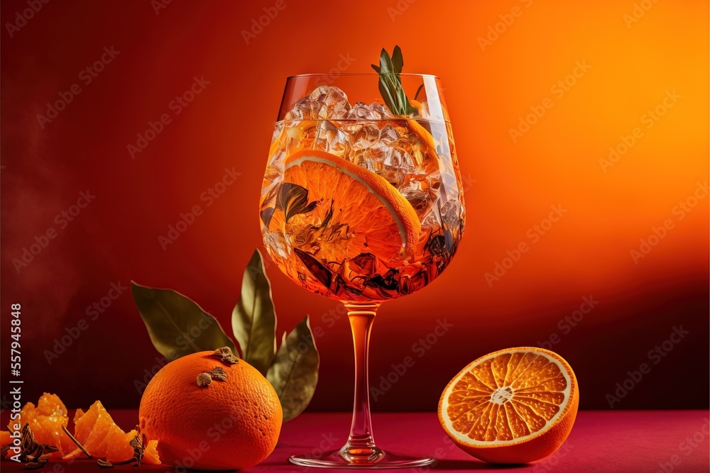 Poster a glass filled with a drink next to an orange slice and a leafy branch on a red surface with oranges