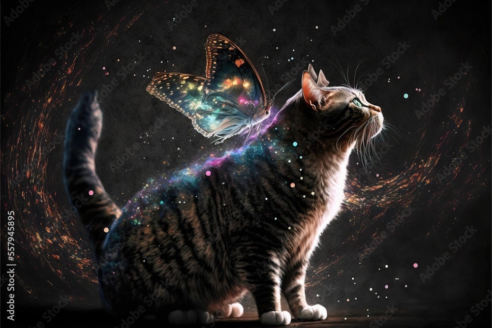 Poster a cat with a butterfly on it's back sitting on a table next to a black background with stars and a b