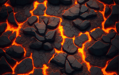 Fototapety  Cracked ground with hot glowing lava veins illustration perfect for video game design. Cracked lava ground texture. Game asset. Generative AI