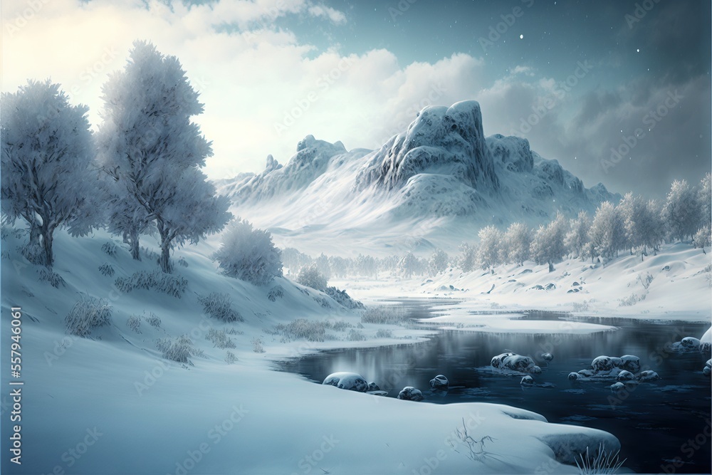 Poster a painting of a snowy mountain landscape with a river running through it and trees in the foreground
