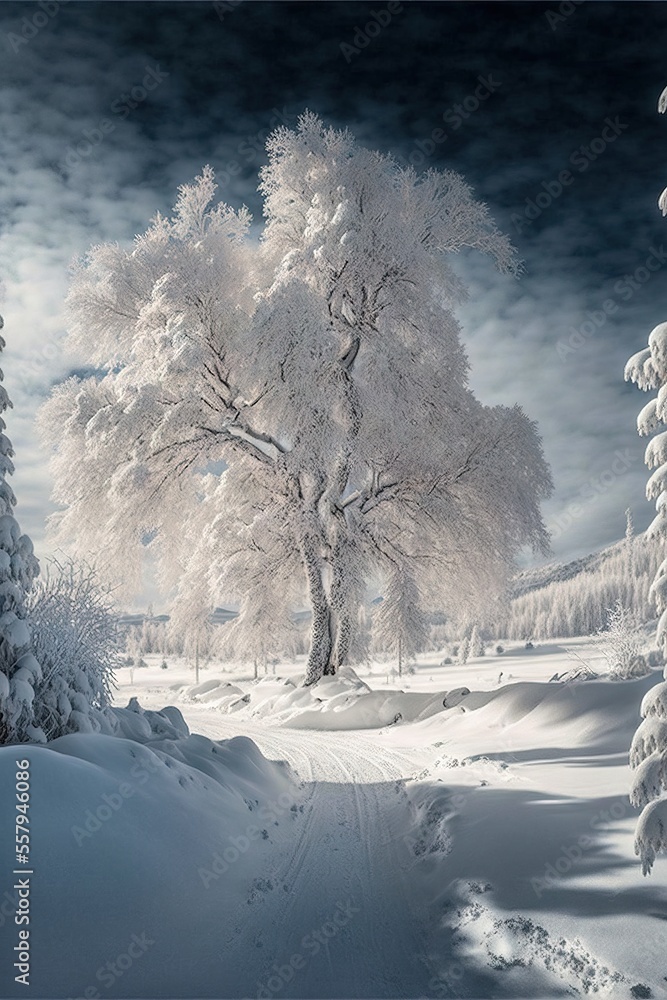 Poster a snowy landscape with a tree and a road in the middle of the picture and a full moon in the sky in 