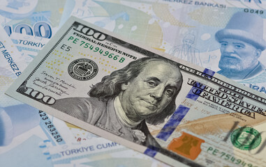 Obraz na płótnie Canvas Images of various country banknotes. Turkish lira and US dollar photos.