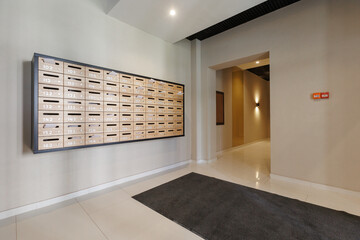 mailboxes in the lobby of an apartment building