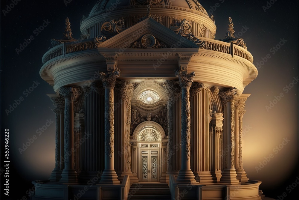 Poster a building with columns and a dome with a clock on top of it at night with a full moon in the sky be