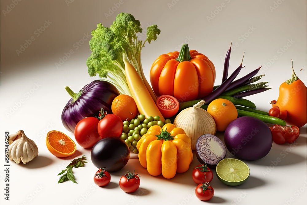 Poster a bunch of different types of vegetables on a white surface with a white background and a white back
