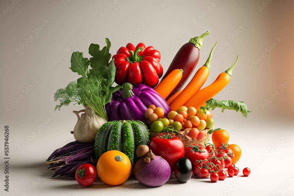 Poster a pile of different types of vegetables on a white surface with a light colored backround behind it 