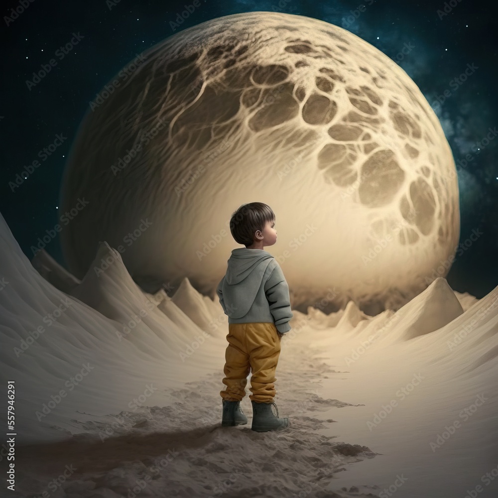 Aufkleber a little boy standing in the snow looking at a large object in the sky with a full moon in the backg