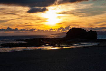Sandy beach on sunset in Bundoran town, Ireland