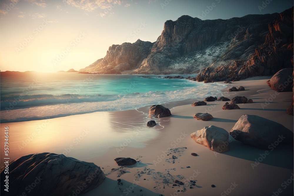 Poster a sandy beach with rocks and water at sunset with a mountain in the background and a blue sky with c